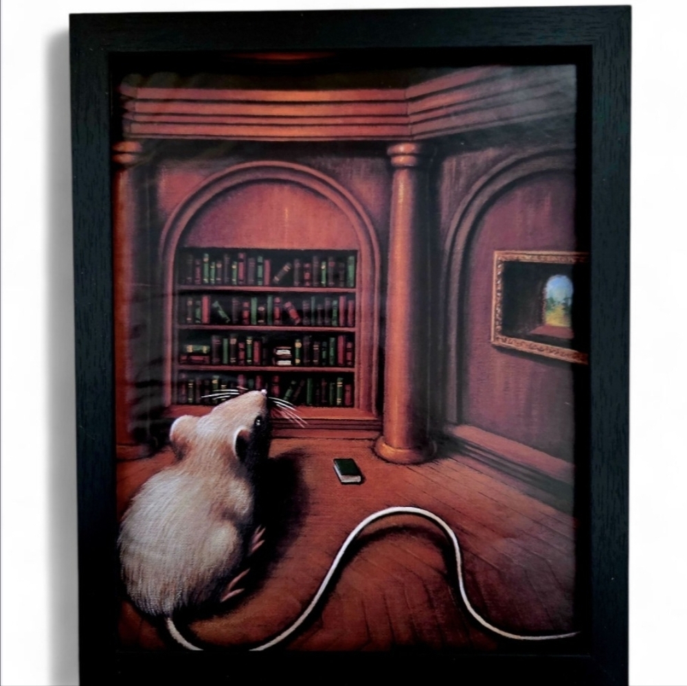 8x20 Vintage Framed Art Print with Mouse and Bookshelf